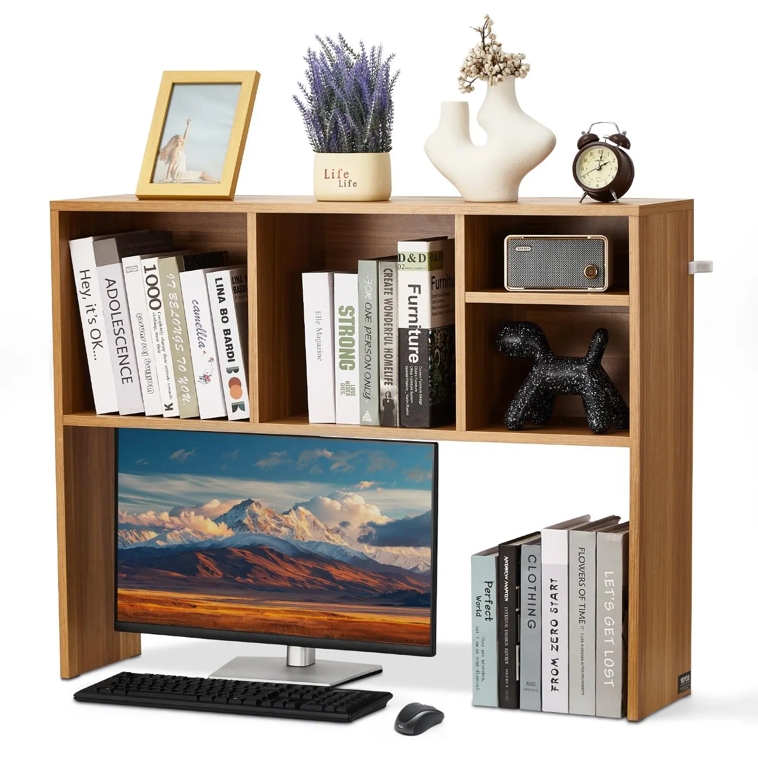 VEVOR Desktop Bookshelf,  1-Tier Wood Desktop Storage Organizer, 37" x 9.4" x 28.7" Office Storage Rack Wood Display Shelf, Desktop Bookshelf Hutch with Anti-Slip Feet Pads, for Office, Home & Dorm
