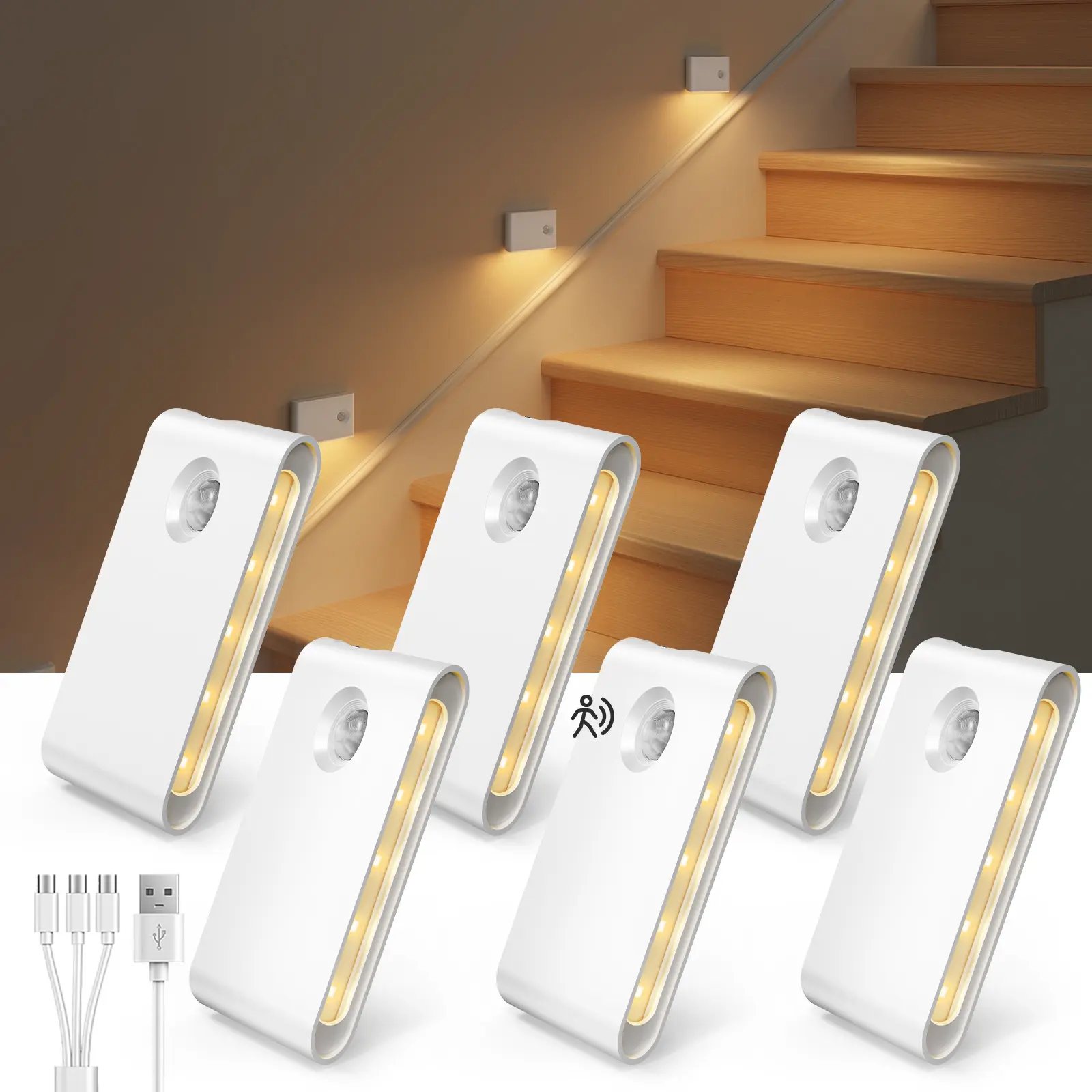 EZVALO 6 Pack Motion Sensor Night Lights, Smart Sync Stair Lights with 1500mAh Rechargeable Battery, Magnetic Dimmable Wall Lights, LED Nightlight for Hallway, Stairs, Bedroom, Barhroom, Kitchen, Family, Kids, Parents, Night Walk Safety, Rental-Friendly
