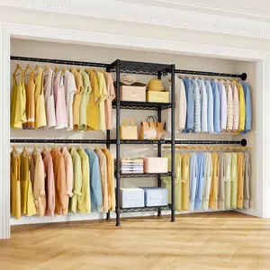 Ulif M2 Wall Mounted Closet System, Clothes Rack Mounted onto the Wall with 4 Expandable Hanger Rods and 5 Metal Shelves, Clothing Organizer Storage in (70.8-102.3)" L x 14.5" D x 71.2" H, White