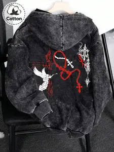 Y2K Cybercore Acid Wash Full Zip Hoodie for Men & Women | Gothic Style Hoodie | Oversized Gothic Angel Graphic Sweatshirt | Retro Grunge Streetwear Jacket for Daily Casual & Party Outfits | Gothic Rock Hoodie | Heavyweight Breathable Cotton