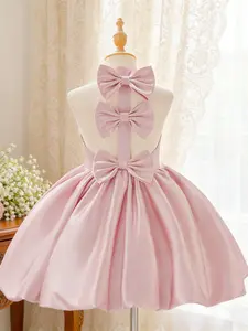 Girl's backless halter neck frill trim bow puffy violin birthday party piano catwalk stage performance party dress Birthday Party Dresses