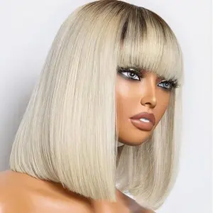 Short Platinum Blonde Wig for Women 14Inch Platinum Ombre Blonde Wig with Bangs Natural Looking Synthetic Platinum Blonde Curly Wavy Bob Wig for Cosplay and Everyday Daily Wear