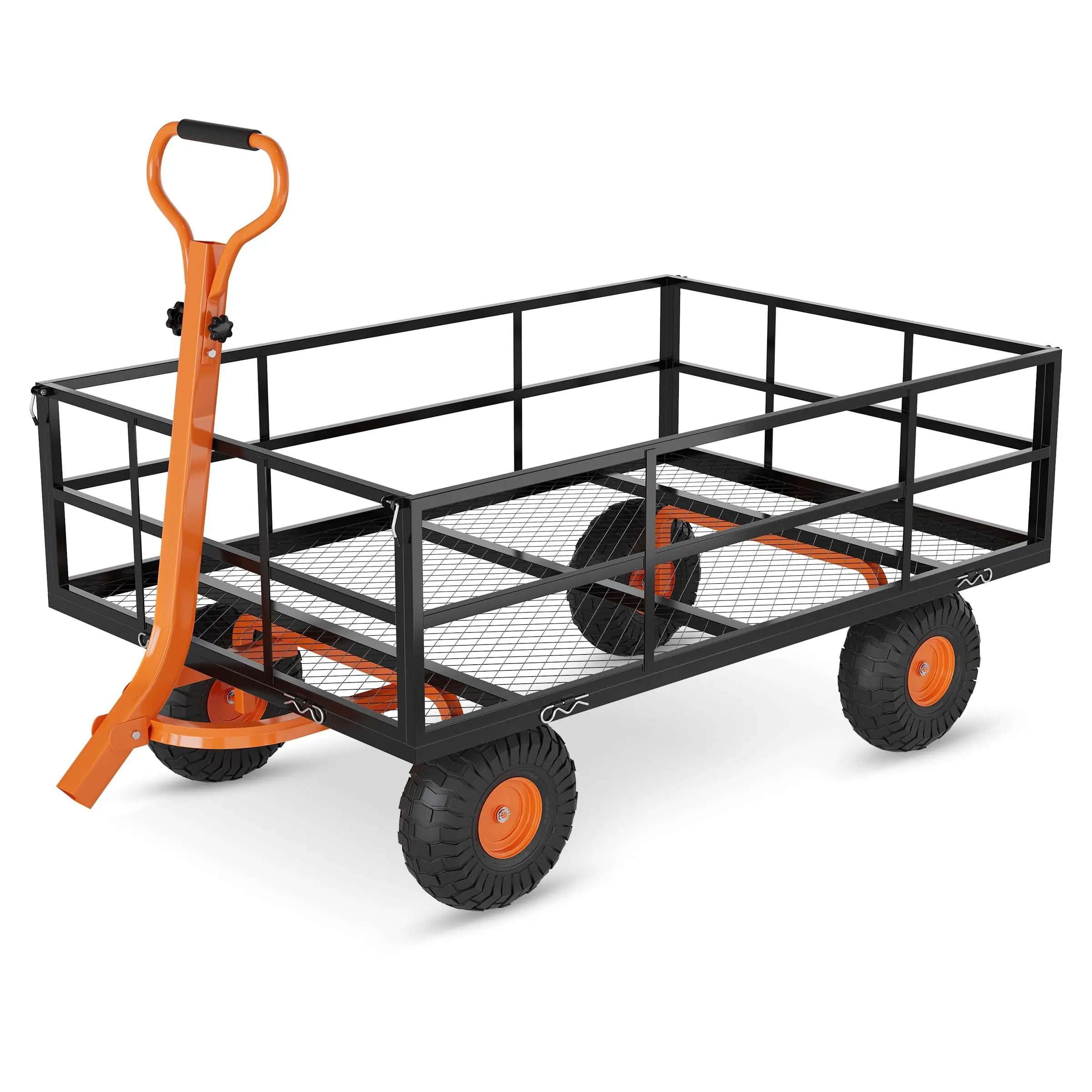 1200 lbs Heavy Duty Collapsible Garden Cart, Mesh Steel Utility Wagon with 4 Removable Sides, 180° Swivel Handle & Multi-Terrain Tires for Yard Lawn Farm Warehouse, Black