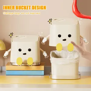 UFORU Cute Mini Desktop Trash Can Press Spring Lid Compact Functional Cream White Room Decor for Girls Dispenser Bin Hand Smooth Inner Bucket Design