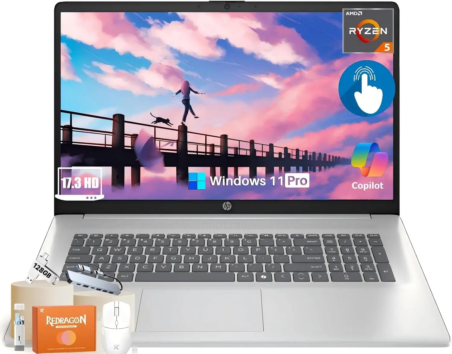 HP 17 Inch Touchscreen Laptop Computer for Business, AMD Ryzen 5 7430U, 17.3" HD+ Anti-Glare Display, 16/32/64GB RAM, 512GB/1TB/2TB SSD, Copilot AI, Wi-Fi 6, Bluetooth 5.4, Fast Charge, Windows 11 Pro, MUSIC ATMOSPHERE LAMP,Accessories, Batteries, Cordles