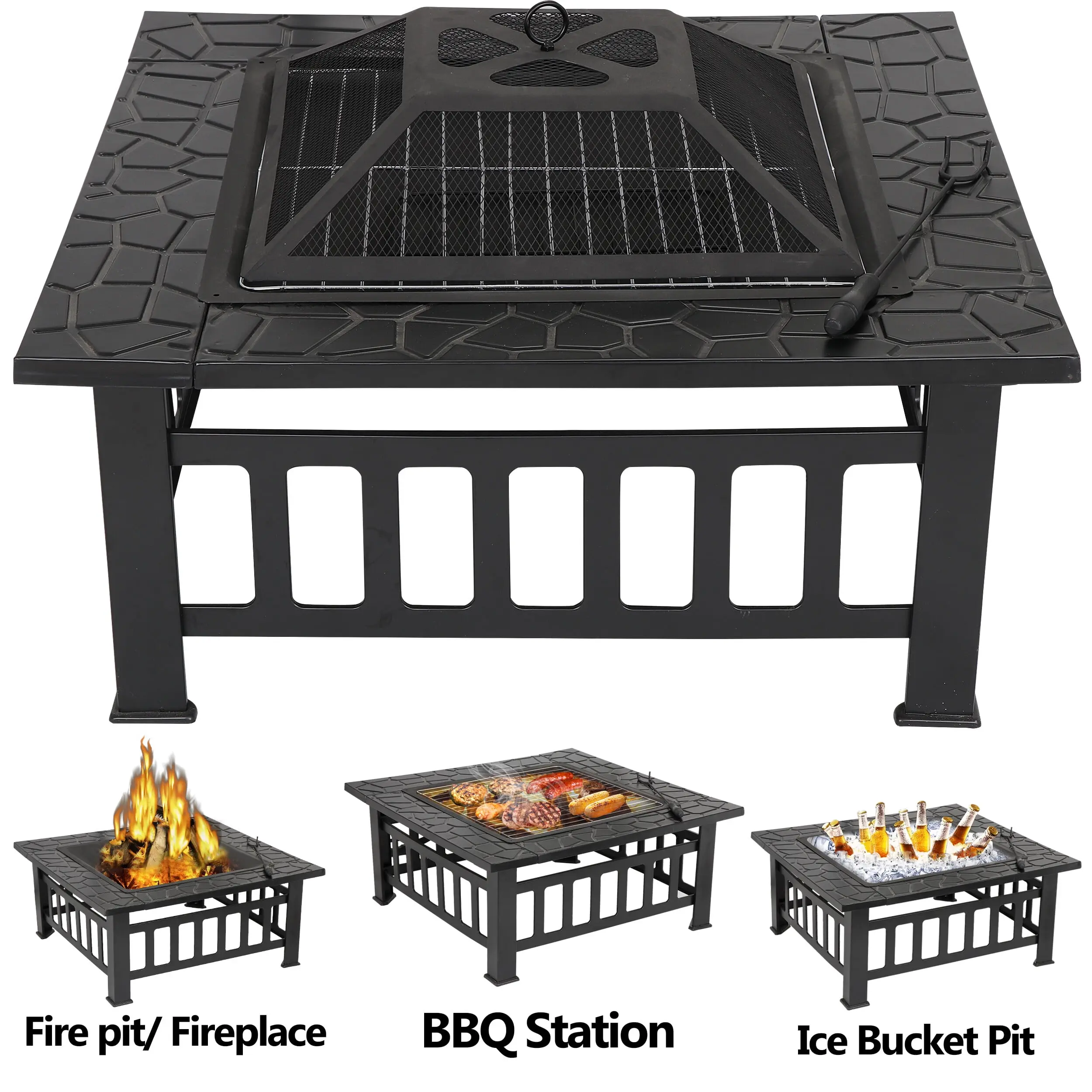 Zeny 32-in Square Metal Portable Outdoor Wood Burning Bonfire Stove - Fire Poker, Spark Screen, BBQ Grill & Weather-Resistant PVC Cover for Backyards, Camping | Outdoor Fire Pits, Portable Fire Pit