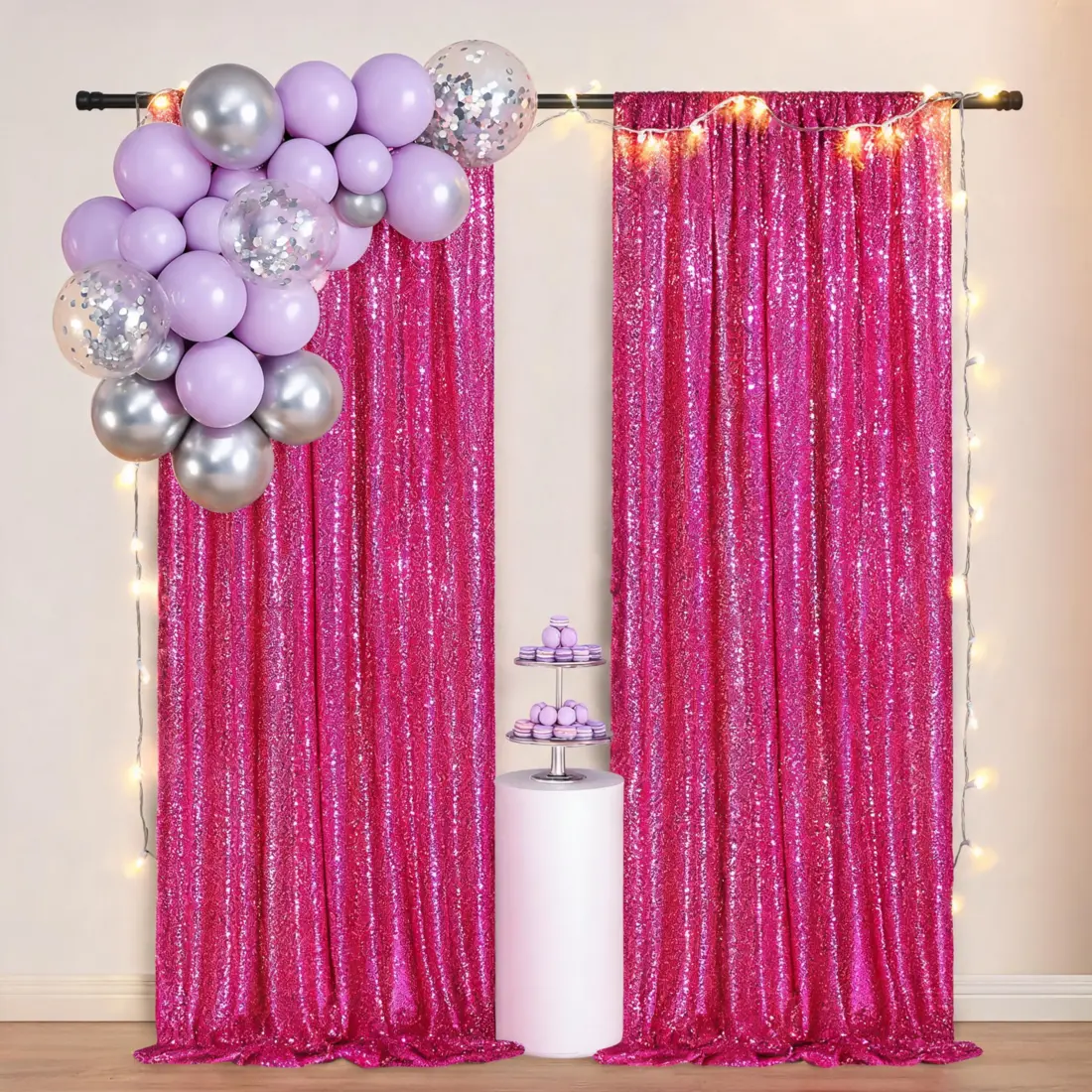 Glamorous 2-Panel Round Fuchsia Glitter Sequin Backdrop Curtain Banners, 2x8 ft, for Wedding, Christmas Parties, Photography Studio Decor