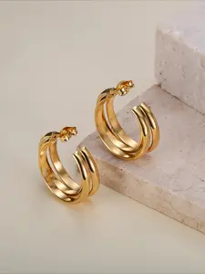 A Pair of Geometric Retro Metal Style Three-layer C-shaped Stainless Steel Earrings, Suitable for Women As Party Gifts Elegant Minimalist Earrings, High Quality Earrings
