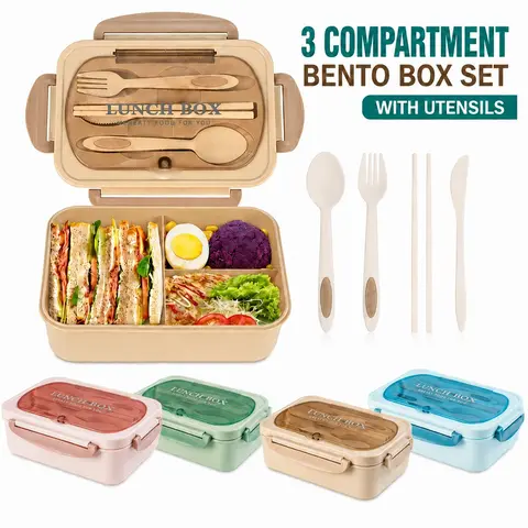 MIUVA Blue Rectangular 3-Compartment 1200ML Bento Box Container for Adults - Leak-Proof Portable Lunch Box, 1,000-2,000 ml Capacity, BPA-Free Microwave-Safe Plastic Lid, Compact Fits Backpacks and Bags, Utensils Included, Value Pack Holiday Gift