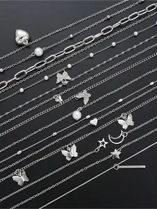 13pcsMinimalist Heart, Butterfly, Star, Moon & Stripe Faux Pearl & Rhinestone Dainty Necklaces Set Fashion Jewelry Party For Women, Suitable For Date, Vacation & Daily Wear (Random Pearl Quantity) Faux Pearl Jewelry