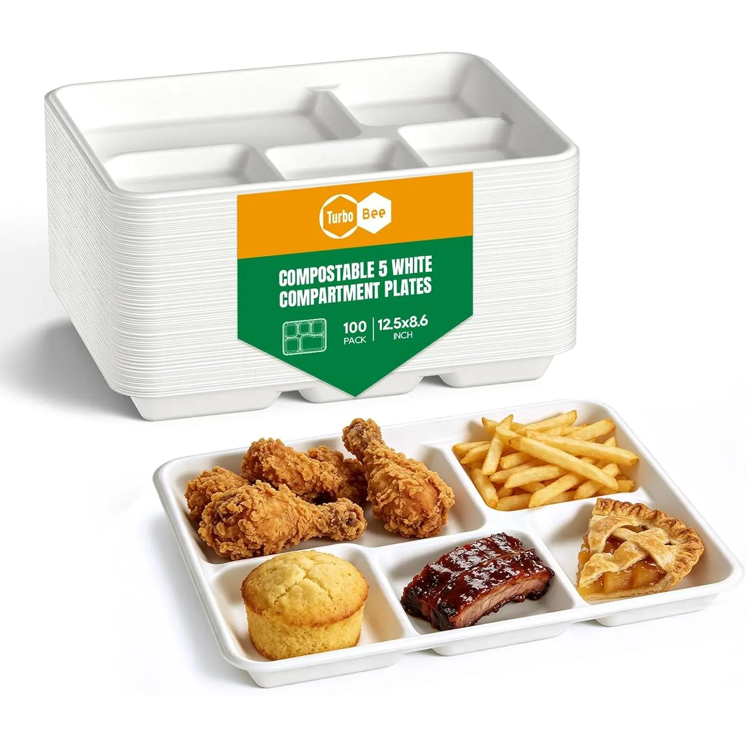 Turbo Bee 5-Compartment White Bagasse Paper Trays - 100-Pack Heavy-Duty Disposable Plates for School Lunches, Parties, Easy Food Separation, Resists Soaking & Grease, Food-Safe Serving Trays, Bagasse Tray