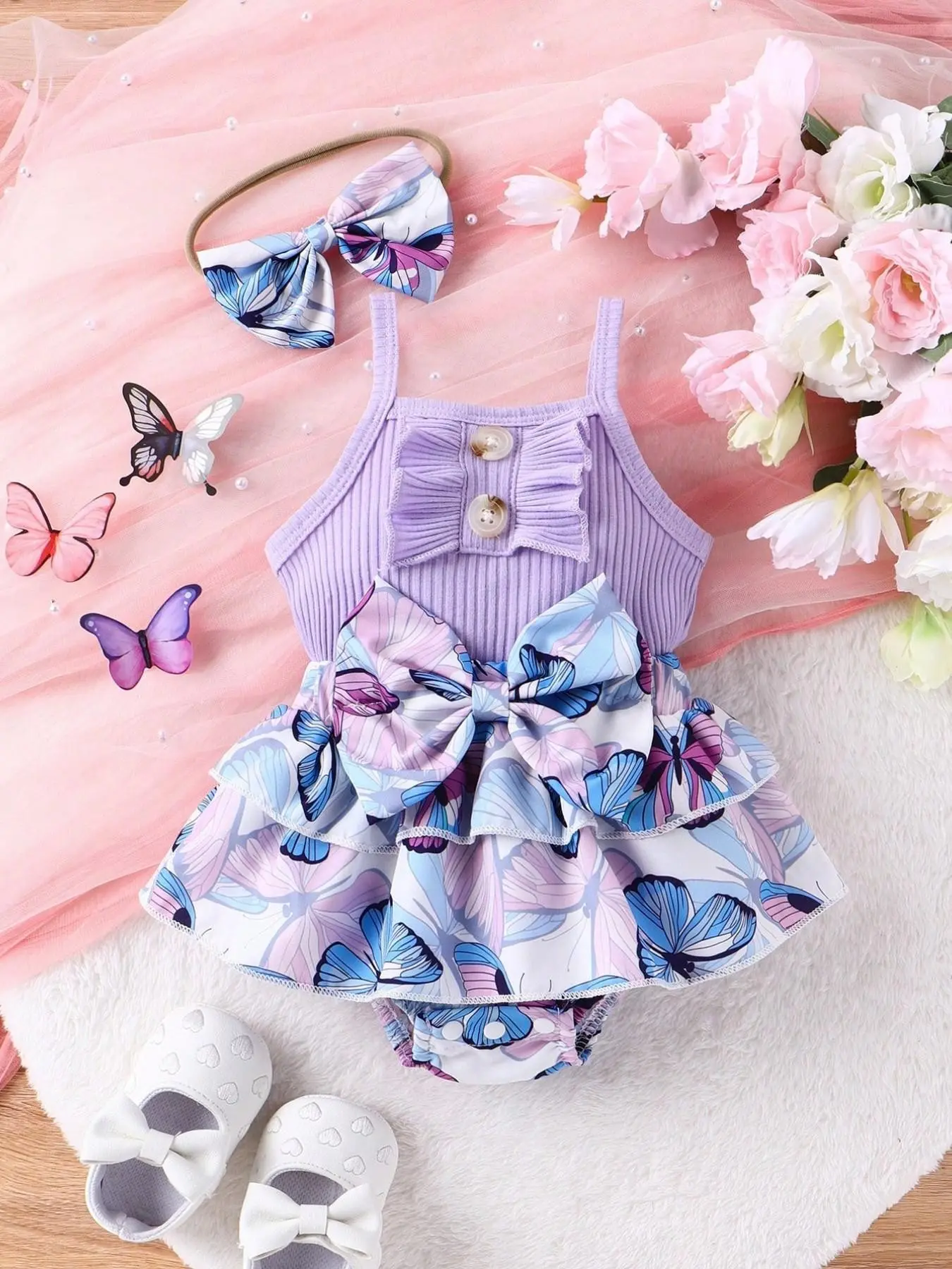 Baby Girl Summer 2-Piece Set, Floral Print Layered Skirt, Bow Decoration, Waist Cinch, Triangle Romper, Includes Hairband, Newborn, Baby Clothing