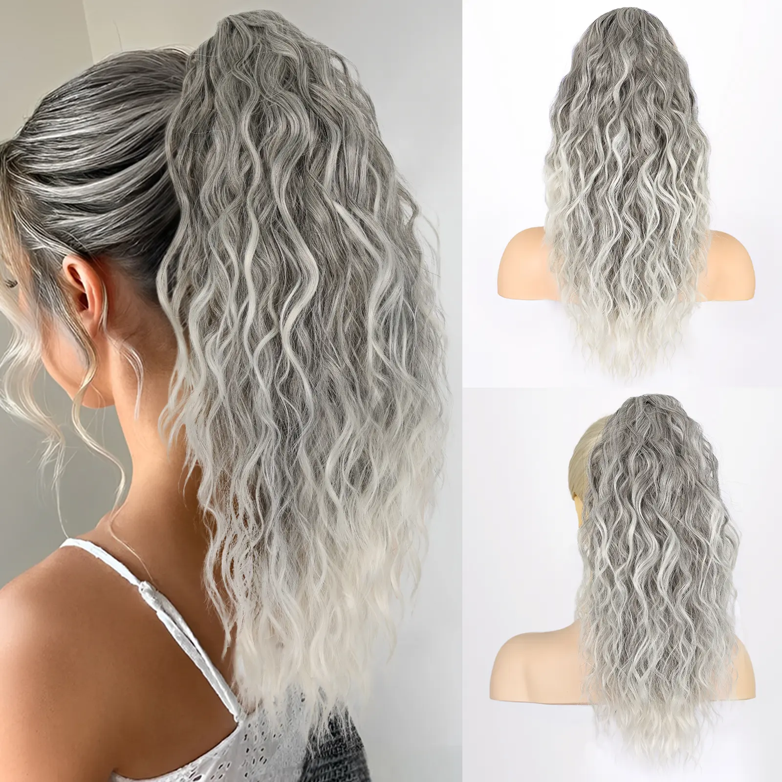 18 Inch Ombre Grey Ponytail Extension with Claw Clip, Fluffy Wavy Synthetic Hairpiece for Women, Multi-Layered Natural Looking Hair Extensions, Wavy Hairpieces, Extensions Hair