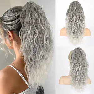 RONTAYA Ponytail Extension, 18 Inch Omber Grey Ponytail Extension for Women Multi Layered Fluffy Thick Wavy Jaw Clip in Fake Pony Tails Fake Hair Soft Synthetic Hairpiece