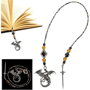 Dragon Sword Bookmark Gifts - Black Fantasy Fourth Beaded Bookmarks for Men Book Lovers  Bead Chain Wing Page Marks School Office Reading Accessories Bookish  for Birthday Christmas