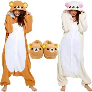 Adult Rilakkuma Kigurumi Onesie - Halloween Christmas Cartoon Bear Unicorn Pajama Set, Long Sleeve Loungewear with Buttons & Slippers