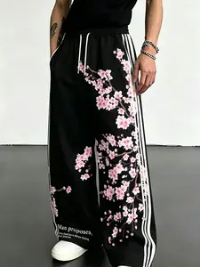 Men's American Street Style Cherry Print Wide Leg Sweatpants, Comfortable Breathable Fabric, Drawstring Waist, Casual Streetwear Pants