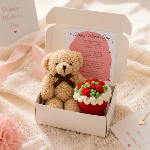 Mother's Day Bear Gift Set, Crochet Flower Bouquet, Greeting Card, and Plush Bear for Mom, Wife, or Grandma, Appreciation Gifts