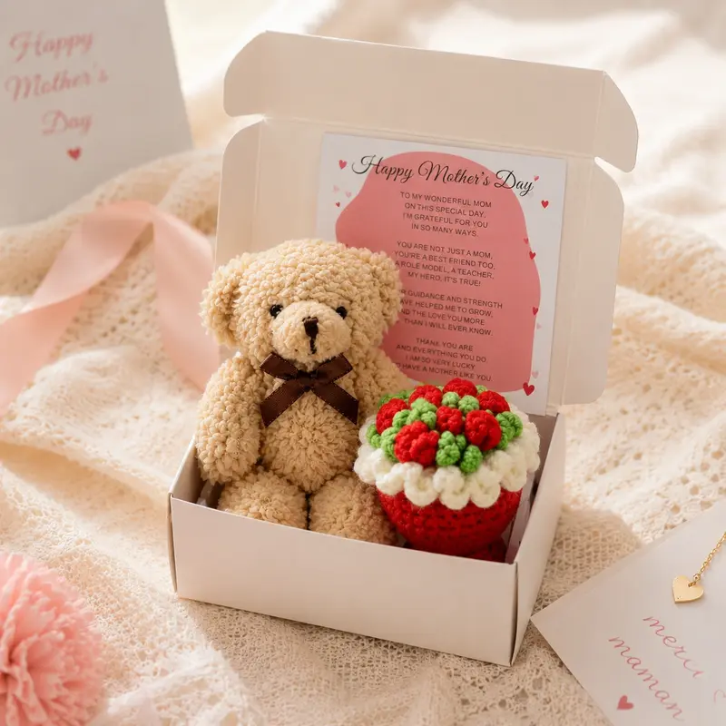 Mother's Day Bear Gift Set, Crochet Flower Bouquet, Greeting Card, and Plush Bear for Mom, Wife, or Grandma, Appreciation Gifts