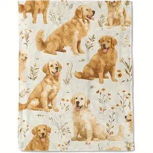 Retro Vintage Luxurious Golden Retriever Flannel Throw Blanket, 280GSM Ultra Soft Lightweight, Fading Resistant, Charming Floral Dog Design, Ideal for Sofa & Bed, Perfect Gift for Dog Lovers, Easy Care All Season Use,summervibes