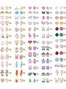 Hypoallergenic Stud Earrings for Girls & Women, Cute Stainless Steel Set, Sensitive Ears Friendly, Small Colorful Animals, Heart Shaped Earrings, 63 Pairs
