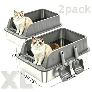 petwhole 2-Pack Stainless Steel Enclosed Litter Box, 23" L x 15" W x 8" H XL Litter Tray for Large Cats with High Sides, Includes Easy-to-Clean Scoop (Dark Grey), Stainless Steel Litter Box