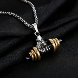 Stainless Steel Dumbbell Pendant Necklace with Long Stainless Steel Chain, Men's Fitness Enthusiast Daily Jewelry, Casual Street Fashion Accessory