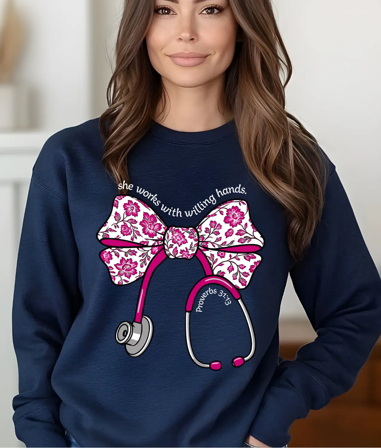 She Works With Willing Hands Medical Bow DTF Transfer