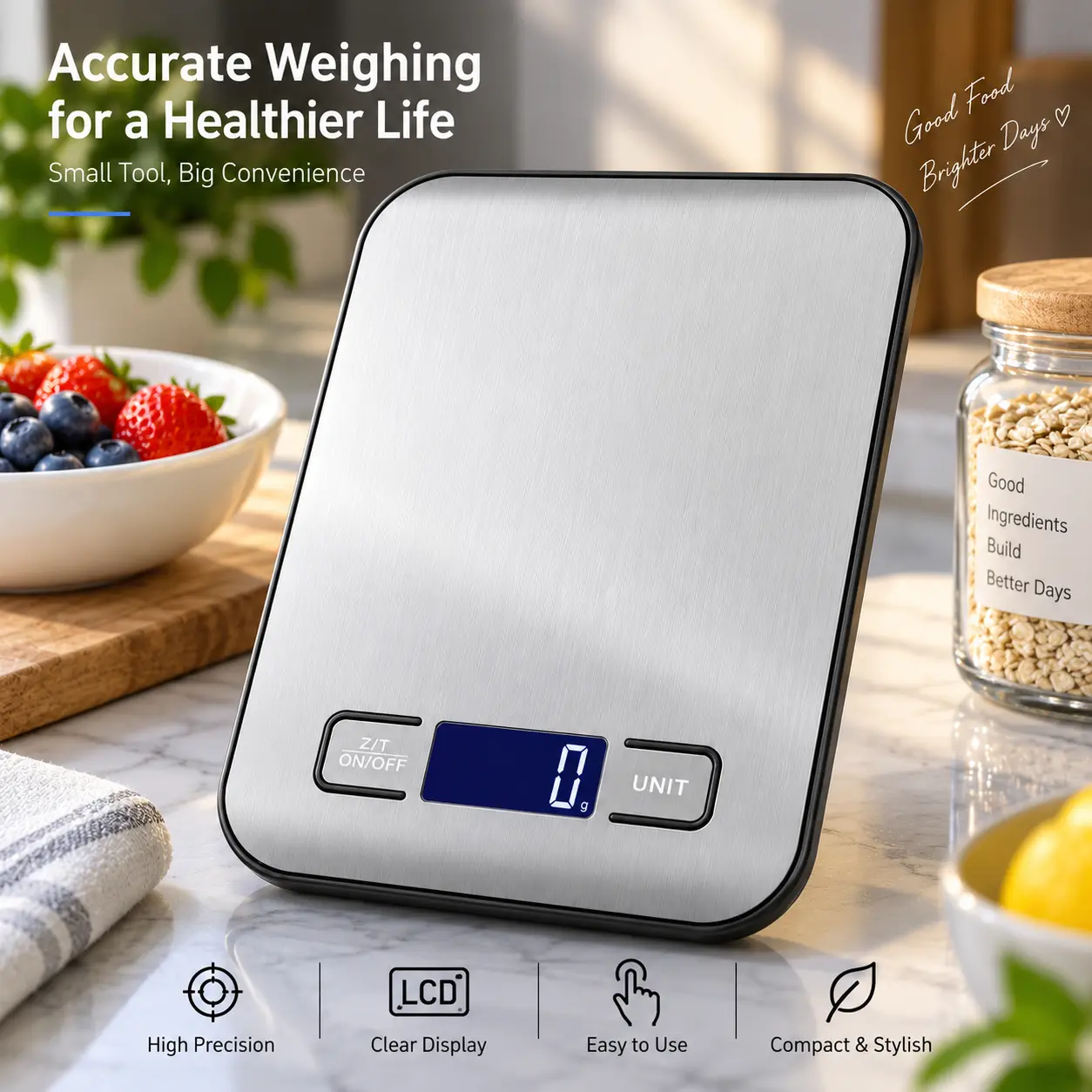 Digital Kitchen Scale with LCD Display, Tare Function and Stainless Steel Platform