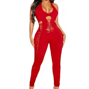 Cut Out Backless Halter Neck Unitard Jumpsuit- Womenswear Rompers