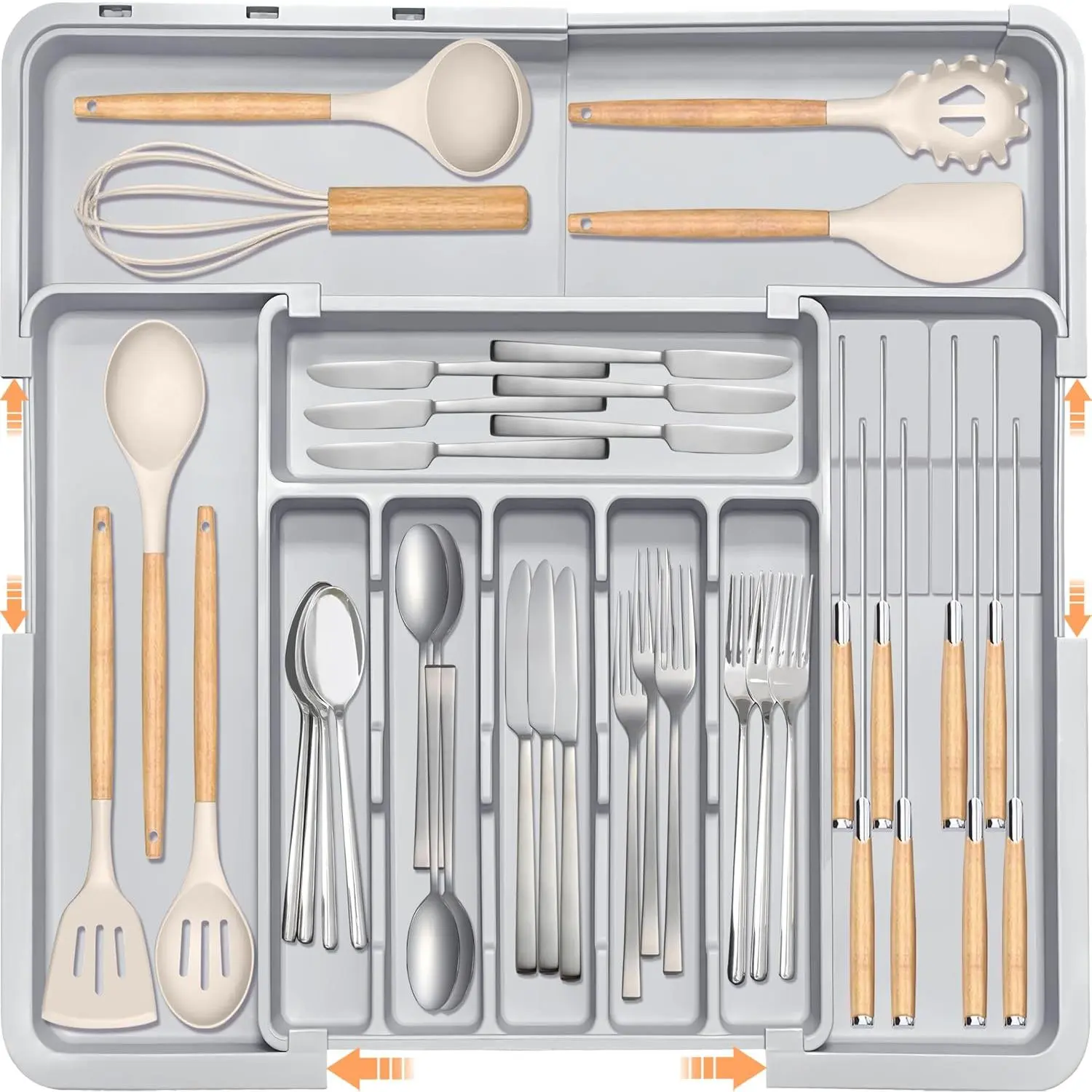 Adjustable Size Silverware Drawer Organizer for Kitchen Storage, Polypropylene BPA-Free Flatware Holder with 2 Knife Blocks, Expandable Slots Cutlery Storage for Daily Use (Grey), Cutlery Holder, Waterproof