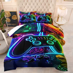 Game Theme Printed Comforter Set, Includes Filled Blanket and Pillowcases, Neon Color Gaming Controller, Tech Bedding Set, Comfortable Fabric, Gamer's Essential Bedroom Decor, Soft Bedding Sets