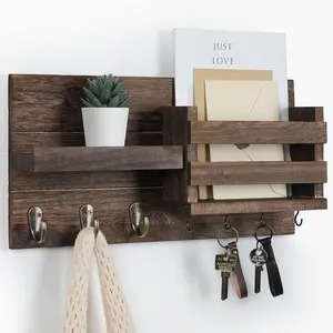 Mail Organizer for Wall Mount - Key Holder with Shelf Includes Letter Holder and Hooks for Coats,  Leashes - Rustic  with Flush Mounting Hardware (16.5" x 8.7" x 3.5")