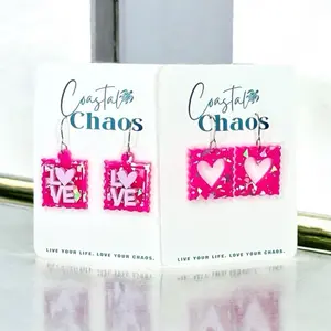 Valentine’s Day Love Stamp Earrings – Acrylic Postage Stamp Dangle Earrings in Multiple Colors & Styles