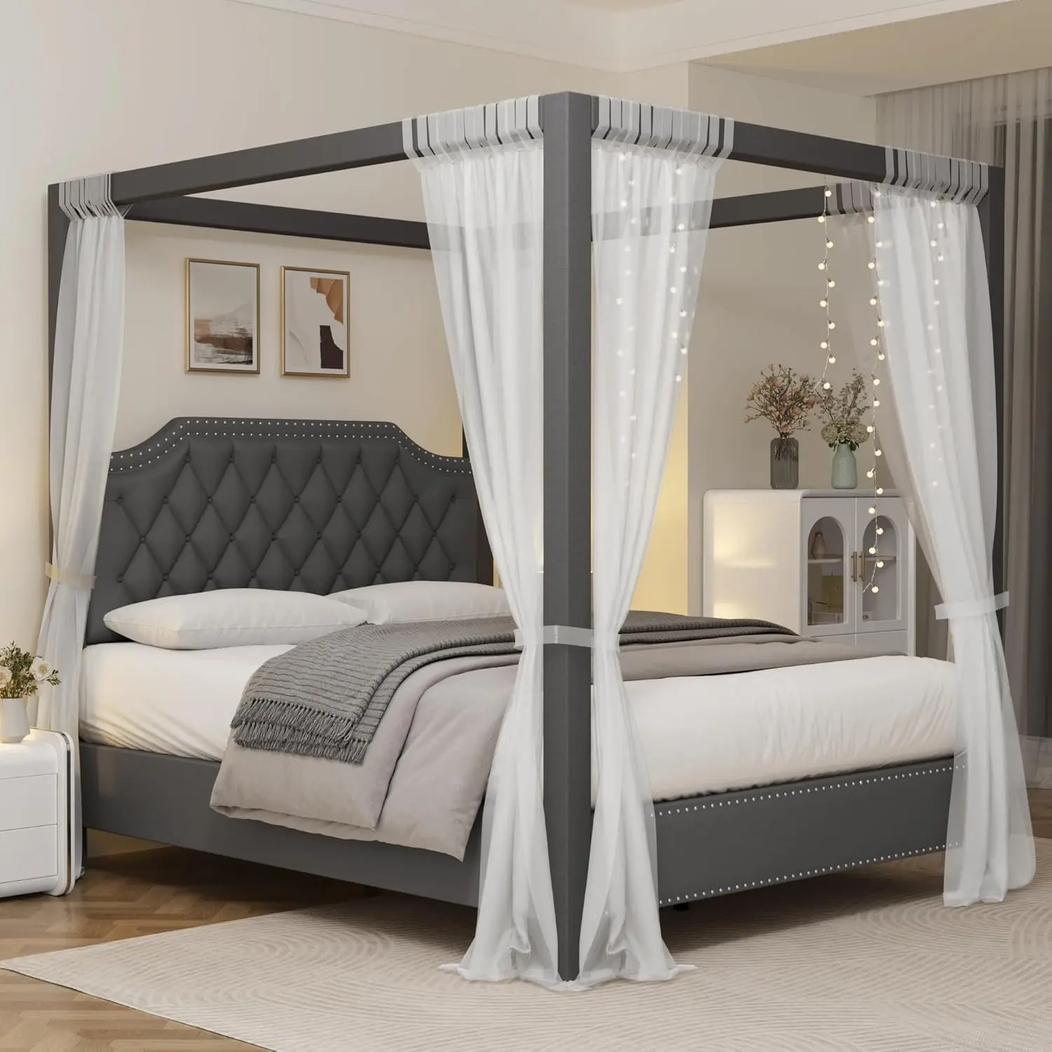 Queen Canopy Bed Frame with Nailhead Headboard, Upholstered 4-Poster Bed with Solid Wood Slats, No Box Spring Needed, Noise Free, Gray/Beige (Ships in 2 Packages)