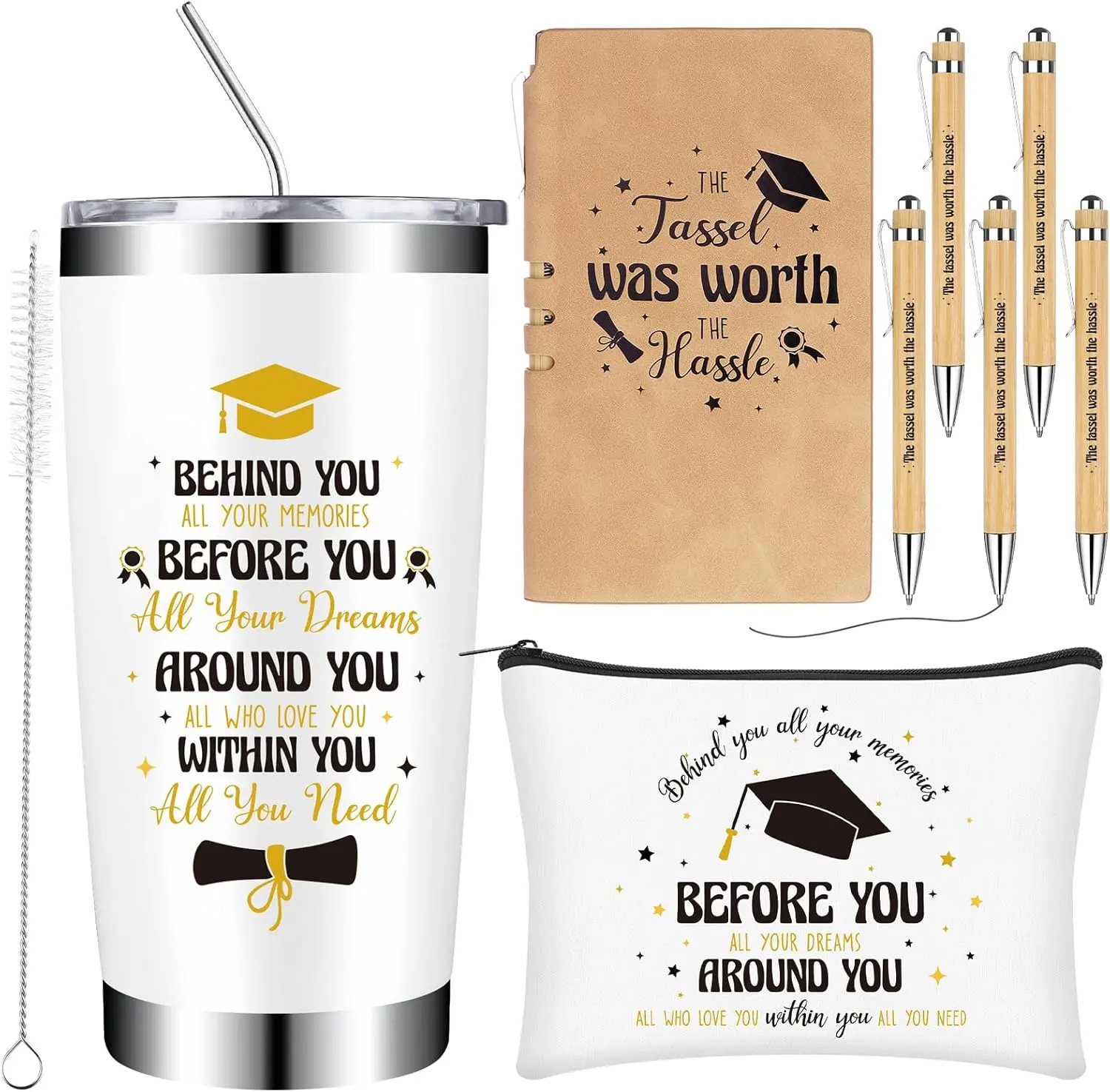 8 Pcs Class of 2026 Graduation Gifts Set for Her Him Congrats Grad Gift Basket with Tumbler Cup Makeup Bag Notebook Inspirational Pen College High School Graduation Gifts for Women Girl Daughter Son