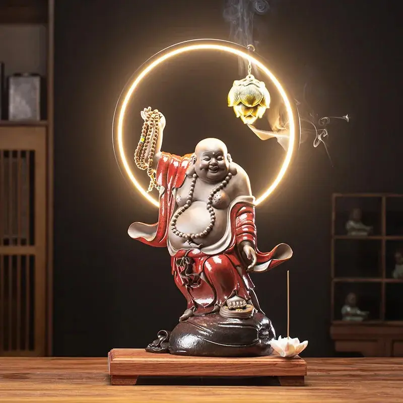 New Chinese Style Large Belly Maitreya Buddha Ceramic Buddha Statue Lamp Ring Decoration Home Decor Living Room Decorations
