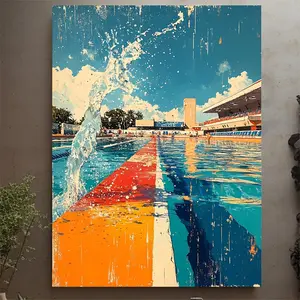 1 Piece Medieval Modern Pool Scene Canvas Art with Frame - Vivid Swimming Pool and Splash Design, Blue Sky and Clouds, Pop Art Style, Composite Wood Frame, Pool Wall Decoration| Vivid Pool Scene| Textured surface, pool decorations