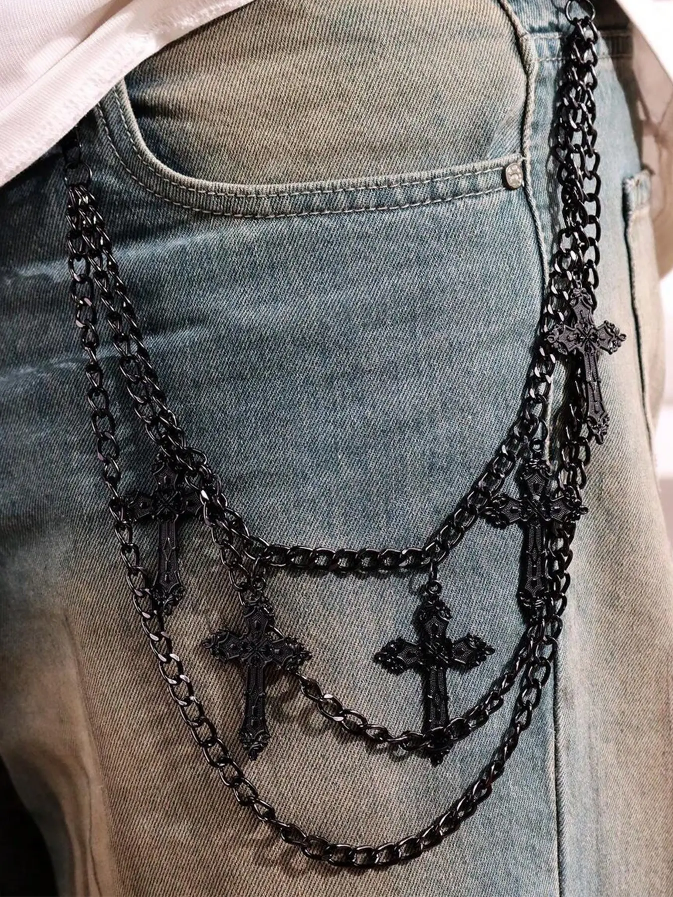 1pc Punk Hip Hop Pants Chain for Men,Gothic Layered Metal Cross Tassel ,Wallet Pocket Chain Keychains Trouser Jeans Chain for Women,Waist chain accessory with Cross Tassel