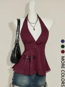 1 Piece Beaded Halter Tank Top | Euro-American Retro Vibe | Deep V Design + Sequin Beading | Elegant Pick for Dinner Parties / Wedding Guests