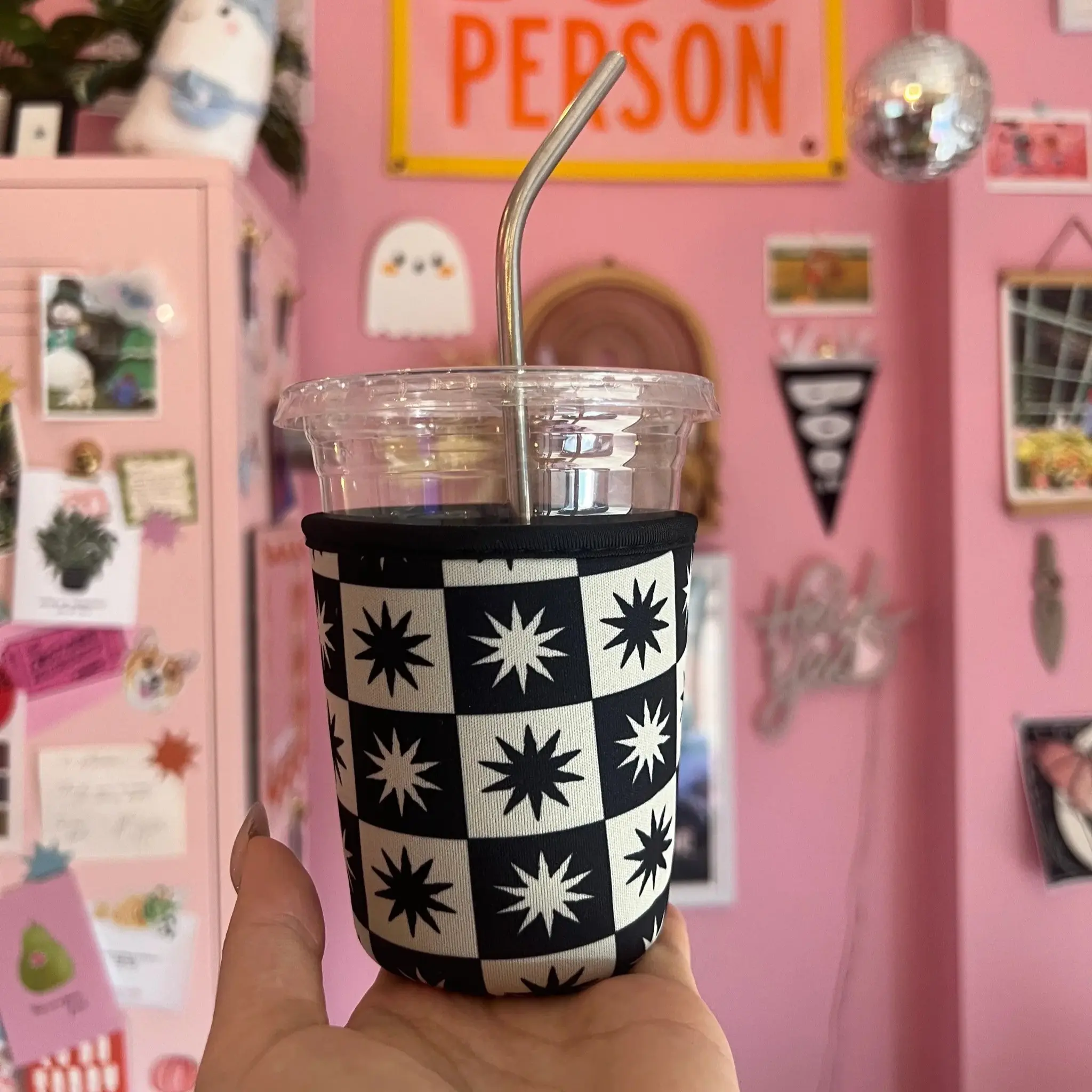 Black Star Checkered Coffee Sleeve