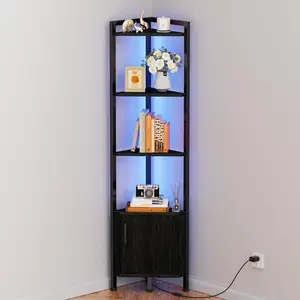 Corner Shelf,5-Tier Corner Cabinet with Storage and LED Light, 62.8" Standing Display Bookshelf for Bedroom, Living Room, Kitchen,  Display Shelf (Black Oak)