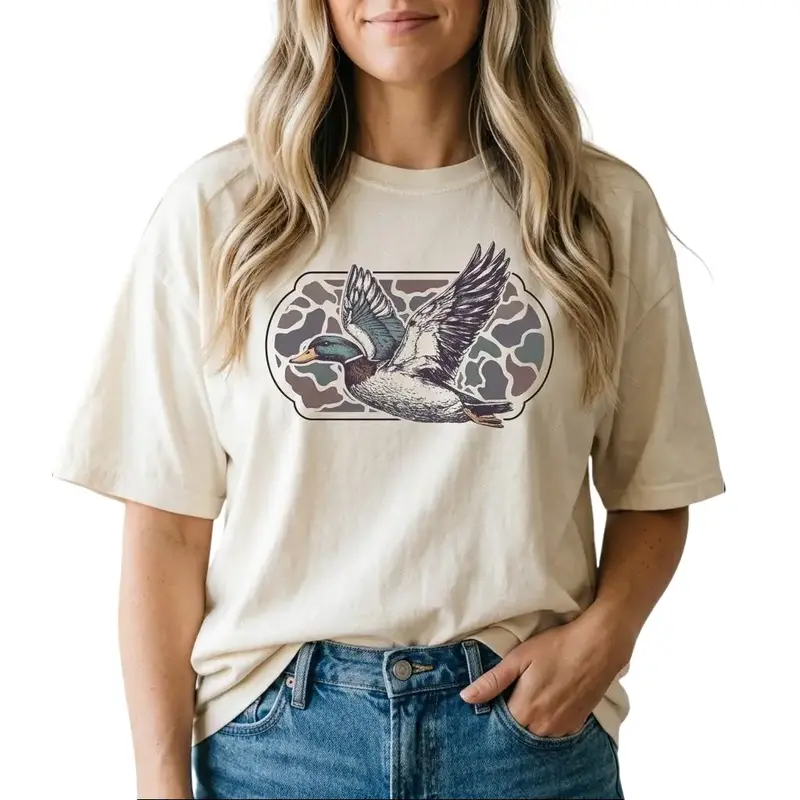 Vintage Graphic T-Shirt for Women with Flying Mallard Duck, Casual 100% Cotton Short Sleeve Top with a Relaxed Fit for Hunting Tee Crewneck
