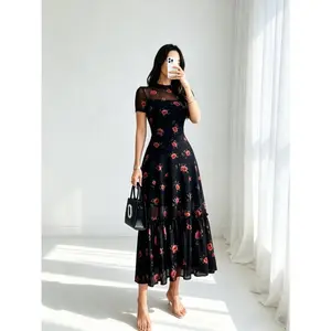 Mesh Floral Midi Dress for Women Sexy Short Sleeve High Slit Irregular Hem Bodycon Outfits for Vacation Party Brunch Workwear Casual Athletic Joggers