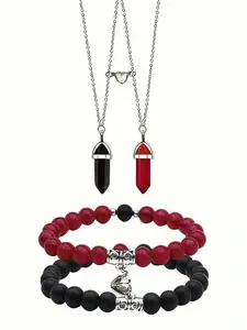 Natural Crystal Stone Bracelet & Necklace Pendant Jewelry Set, Two Pendants, Two Bracelets, Daily Wear, Heart Design, Couple Bracelet Necklace Jewelry, Magnetic Love Bracelet Hexagonal Column Necklace, Jewelry Gift for Lovers, Choking Hazard