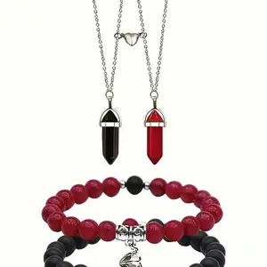Natural Crystal Stone Bracelet & Necklace Pendant Jewelry Set, Couple Bracelet Necklace Jewelry, Magnetic Love Bracelet Hexagonal Column Necklace, Jewelry Gift for Lovers