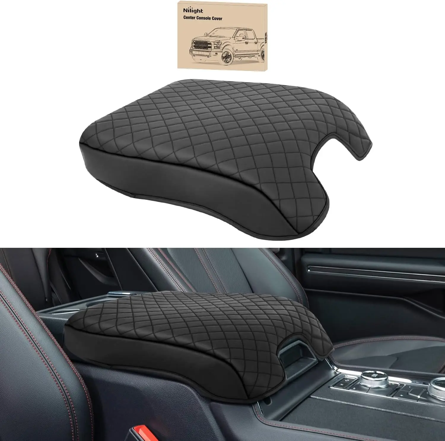 Nilight PVC Leather Center Console Cover - Vehicle Interior Accessories for 2015-2020 Ford F150, 2017-2022 F250 F350 F450 (Bucket Seat Only), Black Truck Armrest Box Protector Replacement Cushion
