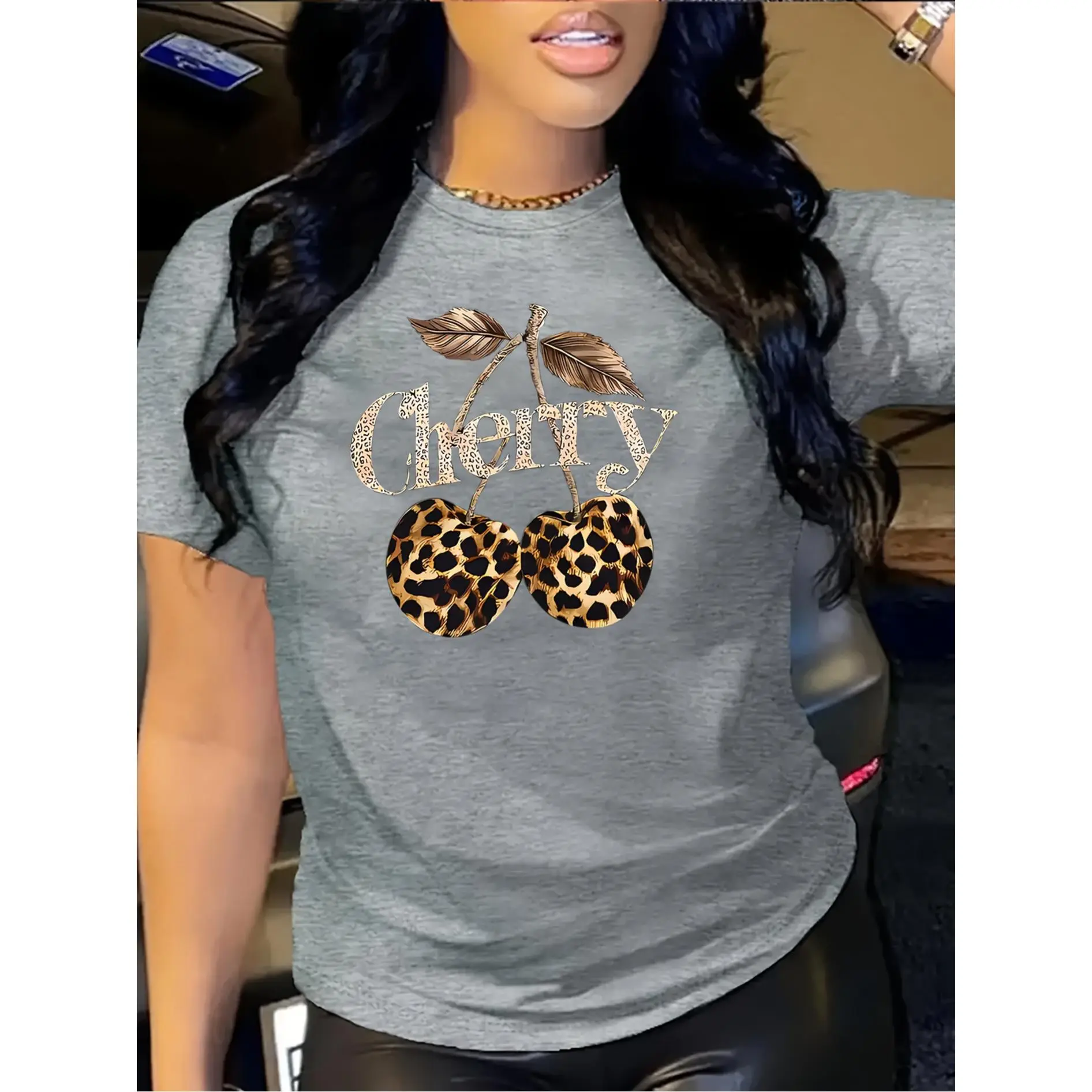 [Cherry Print T-shirt] Bright Orange Women's Casual T-shirt | Cherry Print, Leopard Cherry and Letter Design, Short Sleeve, Round Neck, Knitted Top, 180G
