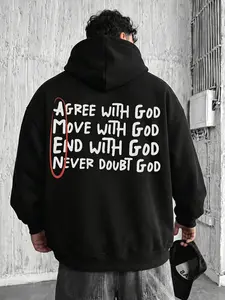 Agree With God Move With God Never Doubt God Handwritten Letter Hoodie, 270G Brushed Fleece Red Circle Accent Christian Back Print Hooded Sweatshirt, Inspirational Religious Casual Streetwear Pullover For Men Women
