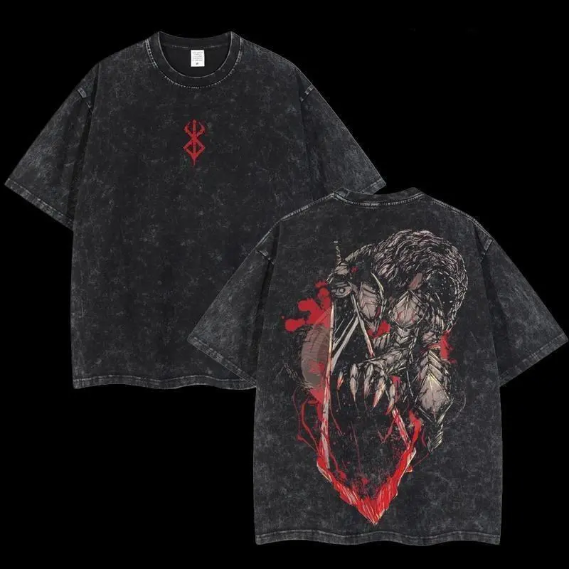 Retro Vintage Limited Black Swordsman "Guts" - Berserk Anime Double Printed Oversized Washed Tee Unisex Oversize Anime Manga Acid Washed Lightweight Cotton T-Shirt, Hoodies & Sweater Wash Gift For Anime Fan, Anime Lover